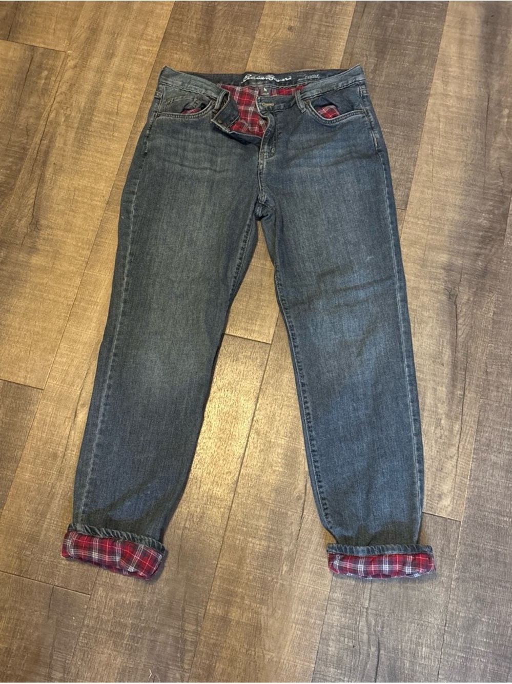 Women’s Dark Blue Jeans with Red Plaid Lining